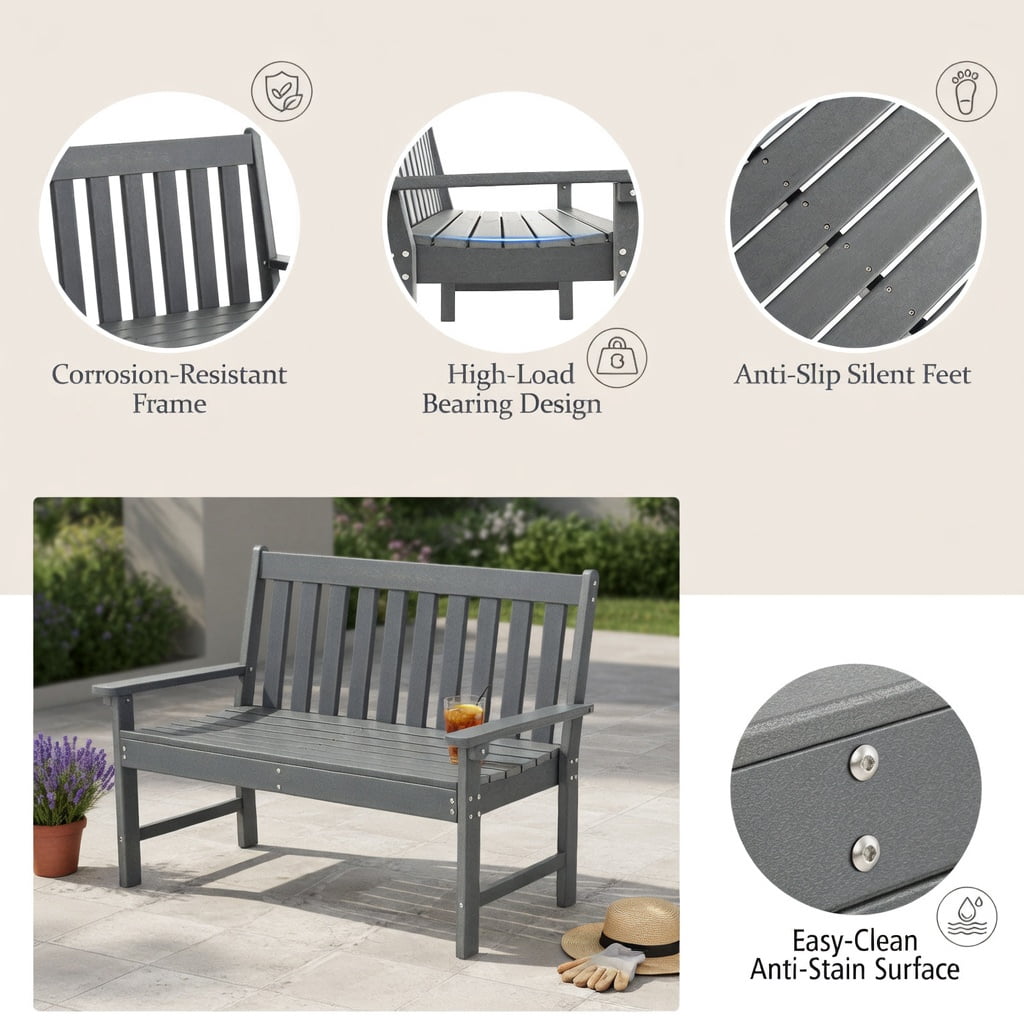 Hommoo 52" All-Weather HDPE Outdoor Bench with Backrest & Armrests, Heavy-Duty Garden, Porch, Backyard Seating, Gray