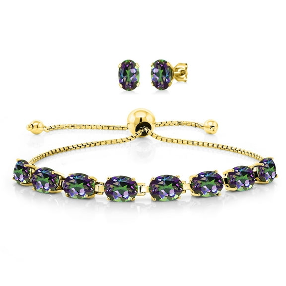 Gem Stone King 18K Yellow Gold Plated Silver Green Mystic Topaz Bracelet and Earrings Jewelry Set for Women (10.00 Cttw, Gemstone November Birthstone, Oval 7X5MM, Fully Adjustable up to 9 inch)