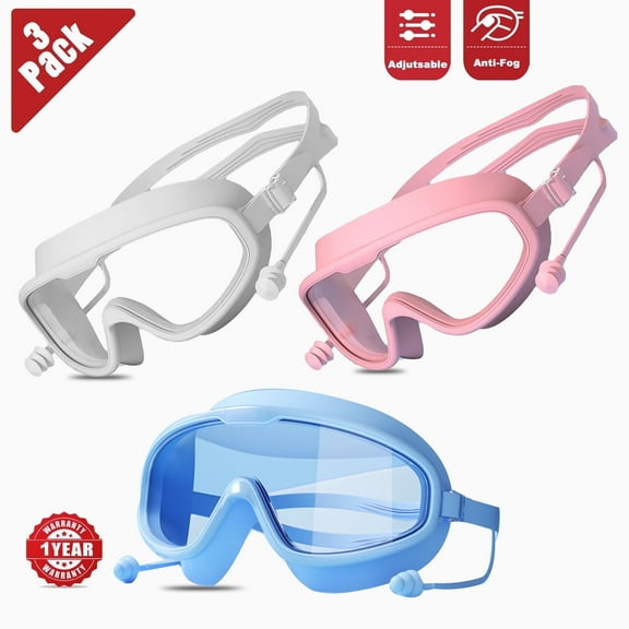 Kids Swimming Goggles with Adjustable Straps, Earplugs, Anti-Fog, UV Protection Swim Goggles - 3 Pack