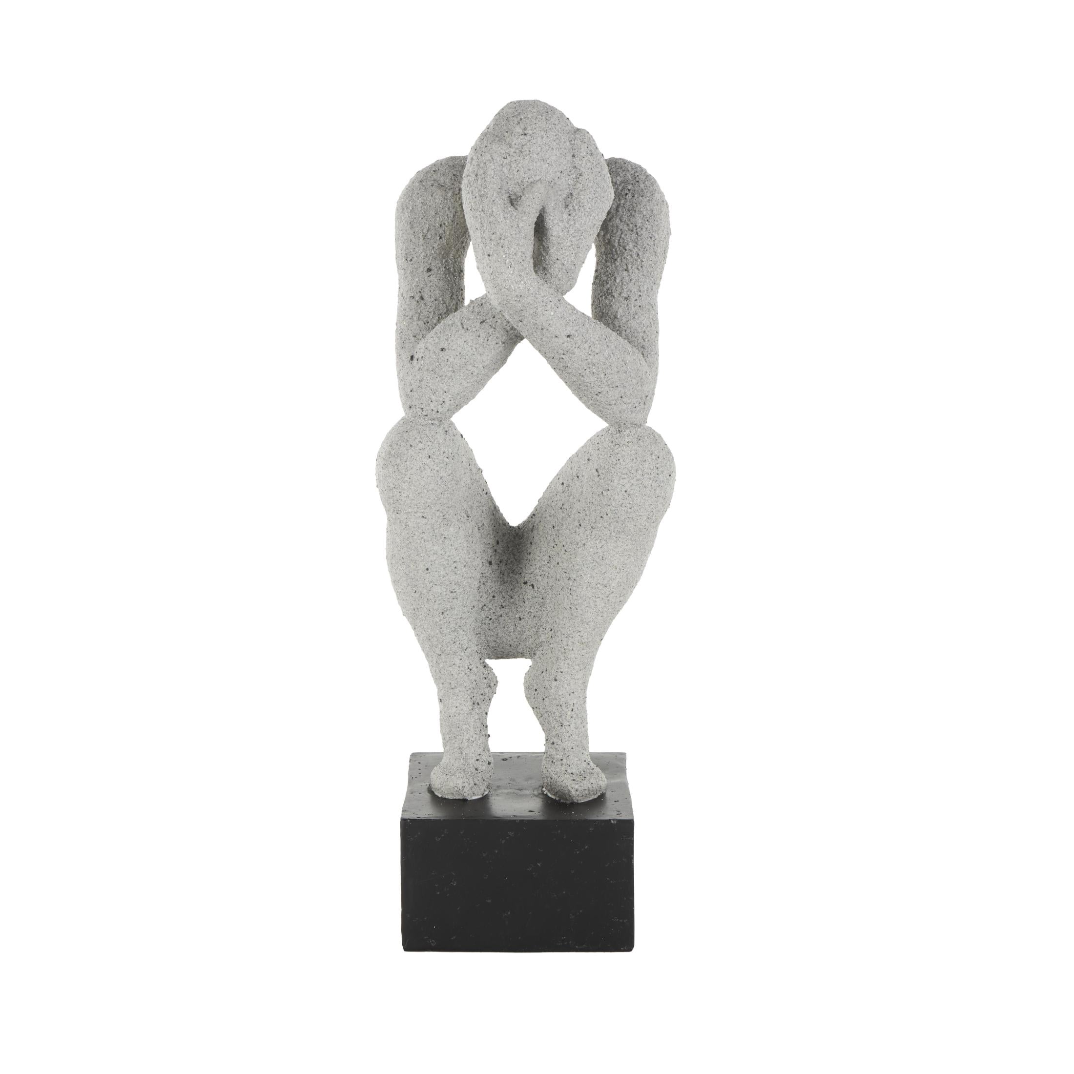 6" x 19" Gray Polystone Crouching People Sculpture with Black Square Base, by DecMode