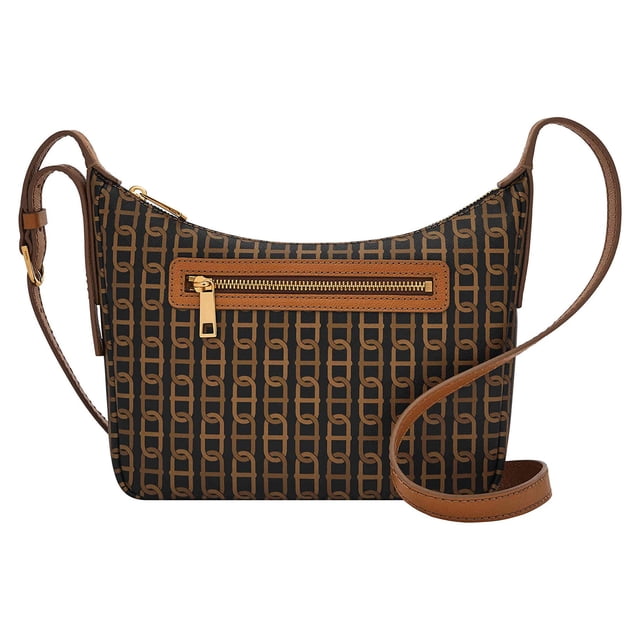 Fossil Cecilia Bolso bandolera pequeño de piel sintética para mujer con estampado de cadena en negro/marrón (Modelo: ZB1890914)