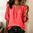 thumbnail image 2 of Zynoxe Womens Cotton Linen Tops Casual Ruched Crew Neck Mid-Length Sleeves Blouses Summer Flowy Solid Color Peasant Gauze Plus Size Tops Red S, 2 of 5