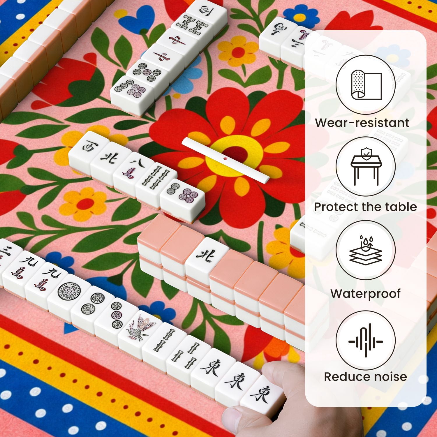 Mahjong Mat 31.5" x 31.5" Floral Mandala Design Red Yellow Blue Flowers Pink Non-Slip Noise Reduction Mahjong Tiles Table Cover for Dominoes Poker Card Board and Tile Games