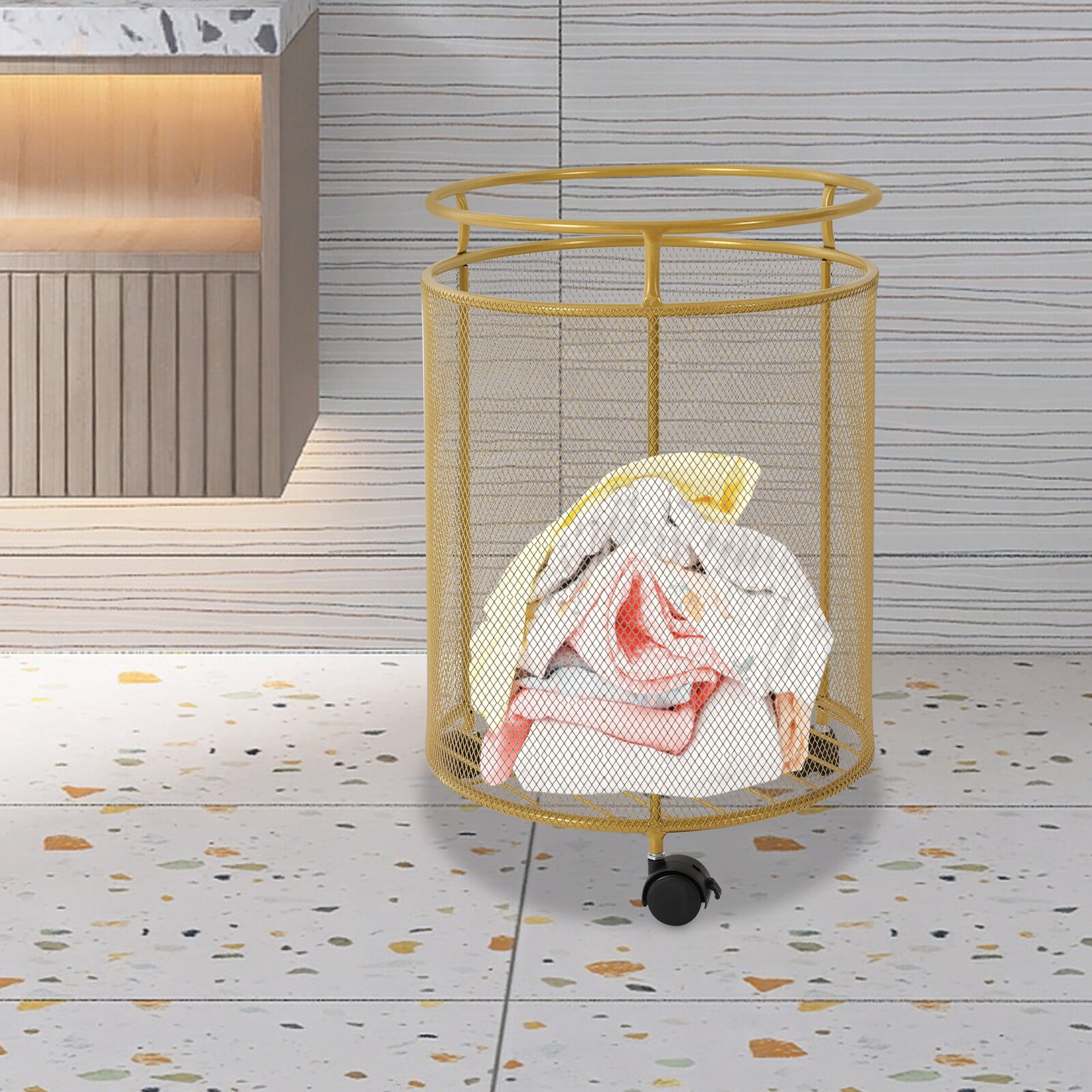 Rolling Laundry Hamper Round Metal Laundry Basket Cart with 4 Wheels Household
