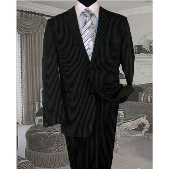 Black With White Pinstripe Conversative 2 Button Flat Front Mens Suit