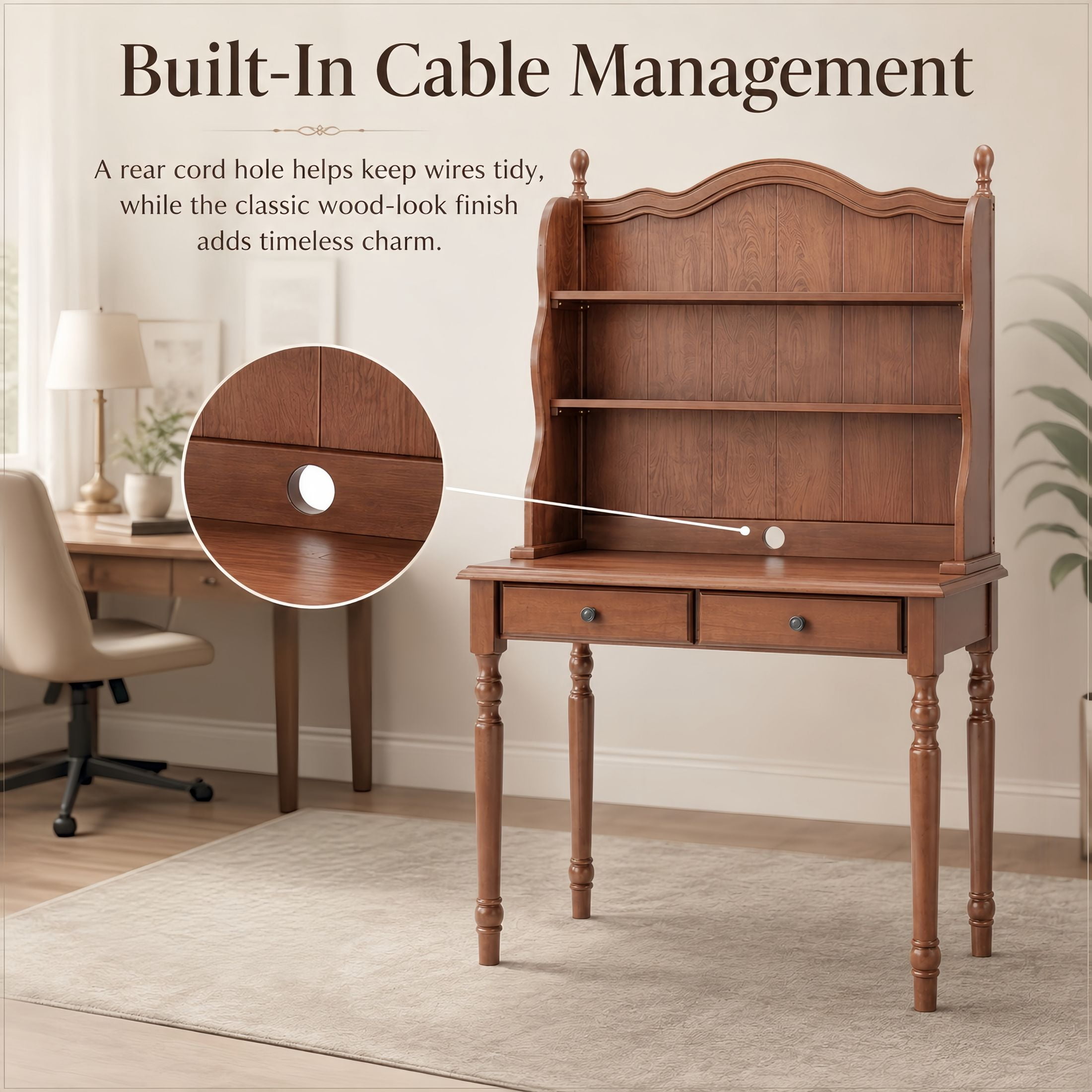 GDF Studio Harper Mid-Century Computer Desk with Storage Hutch & Drawers, Vintage Vanity Desk for Home Office, Walnut