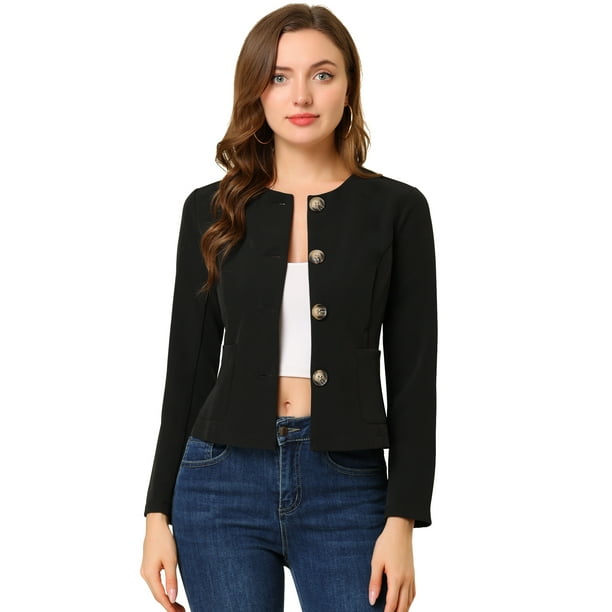 Chaqueta De Mujer Con Botones Cortos Y Ligeros Vintage De Otoño Con Bolsillos Negro M