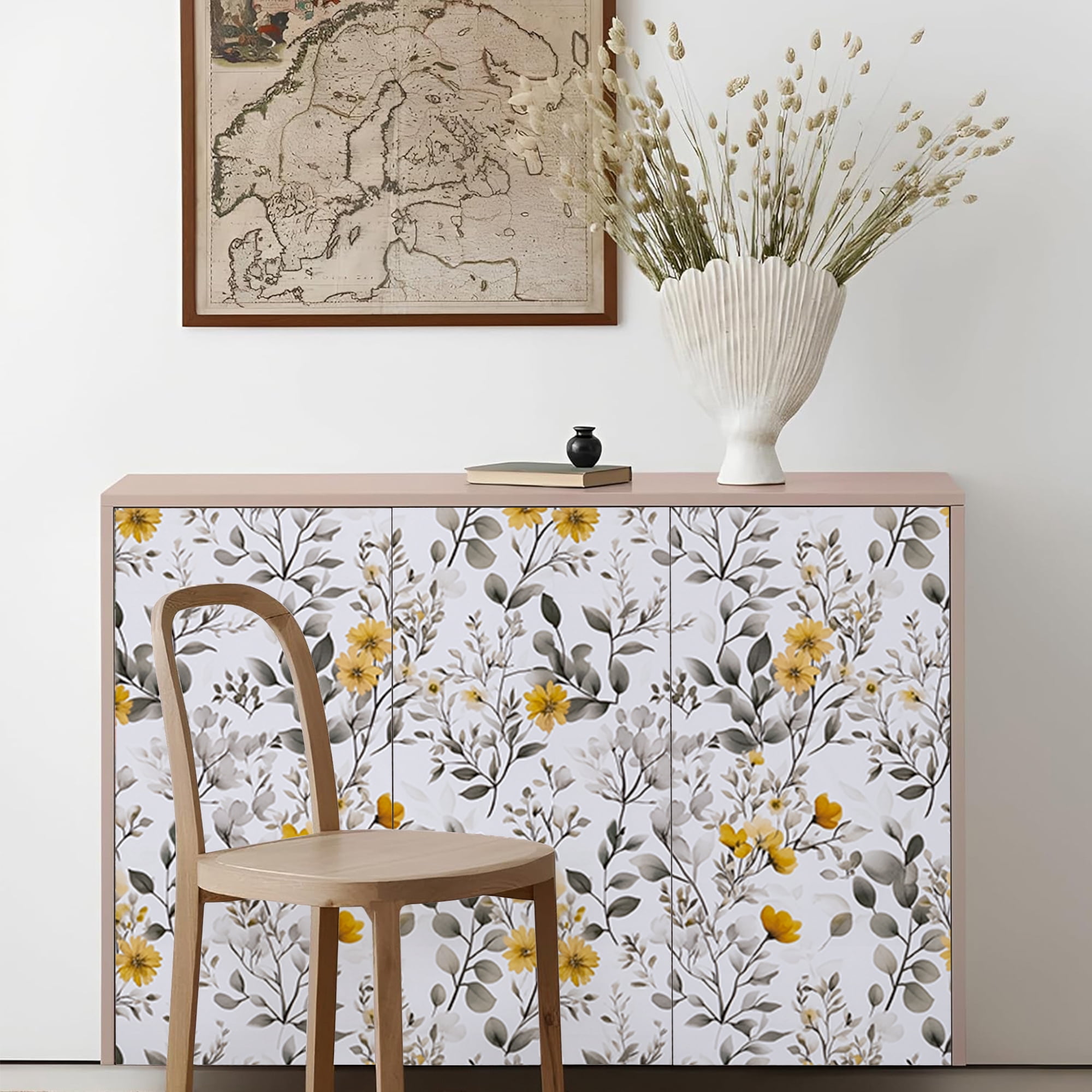 Abyssaly Floral Peel and Stick Wallpaper 17.3 "x 118.1" Yellow Flower and Ink-Wash Leaves Wallpaper Vintage Vinyl Contact Paper Suitable for Home Walls Cabinet Bedroom