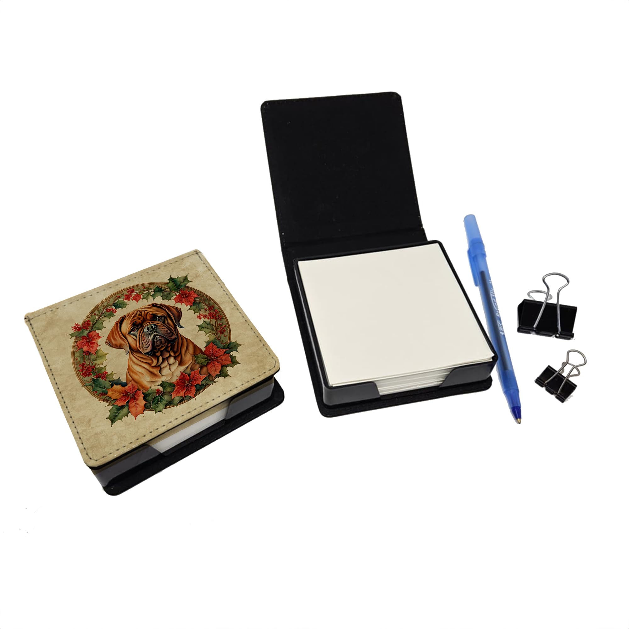 Caroline's Treasures Dogue de Bordeaux Christmas Flowers PU Leather Note Paper Holder with Artist-Designed Cover, Desk Accessory, Office Gift
