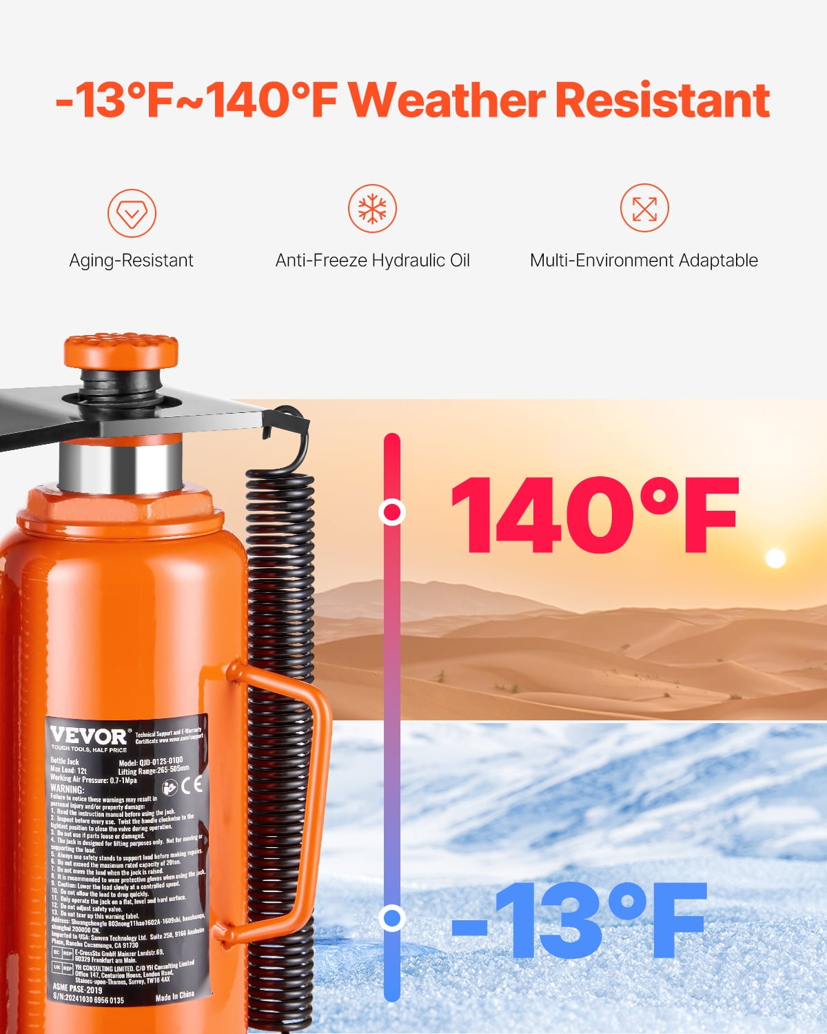 VEVOR Air Hydraulic Bottle Jack, 12 Ton/26455 lbs Pneumatic Hydraulic Bottle Jack with 10.43''-19.88'' Lifting Range & Manual Hand Pump
