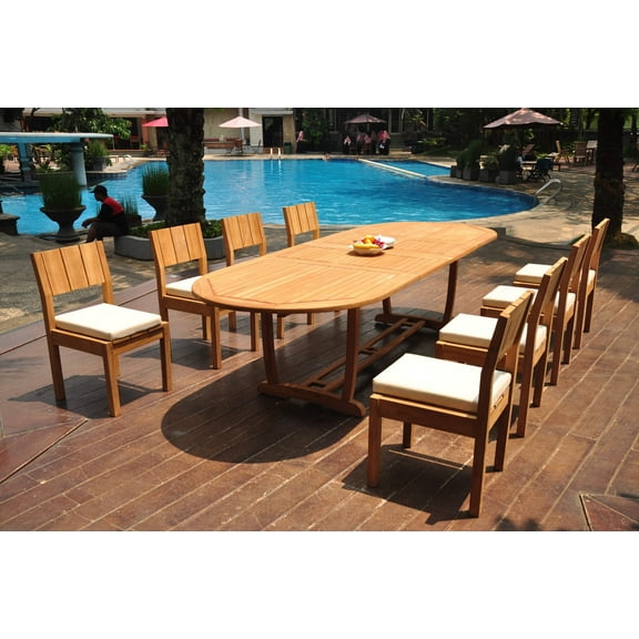 Grade-A Teak Dining Set: 8 Seater 9 Pc: 118" Double Extension Mas Oval Trestle Leg Table And 8 Veranda Armless Chairs Outdoor WholesaleTeak #WMVR82