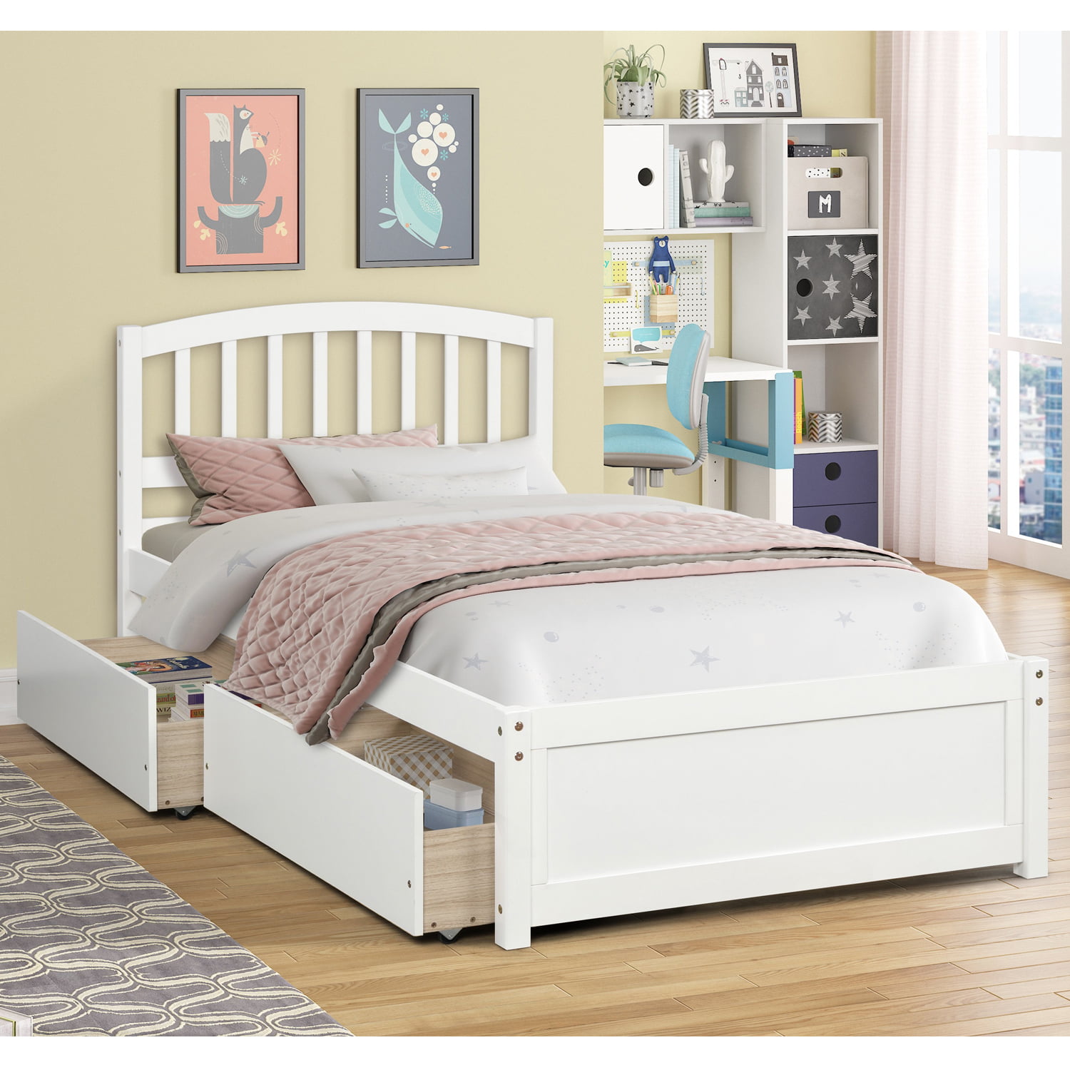 Platform Twin Bed Frame White Mattress Foundation with ...