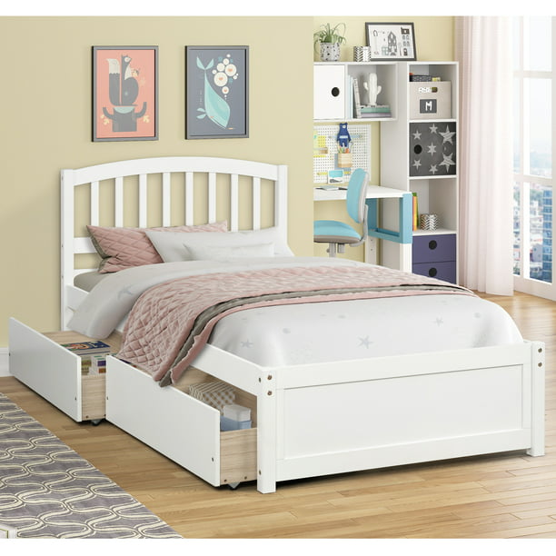 Platform Twin Bed Frame White Mattress, Pine Twin Bed With Storage Underneath