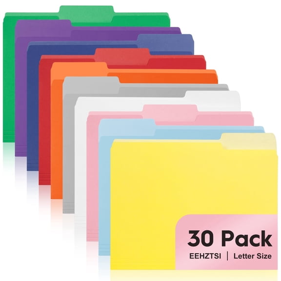 EEHZTSI Colored File Folders, 30 Pack Letter Size 8.5 x 11 Inch Manila File Folders with 1/3 Cut Tabs, Assorted Colors, Sturdy Paper Folders for Office, School, Home Document Organization