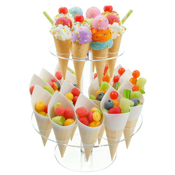 Acrylic Ice Cream Cone Holder, 2-Tier Dessert Display Stand, 24 Holes Ice Cream Cone Desktop Stand for Parties Events, Easy Assembly