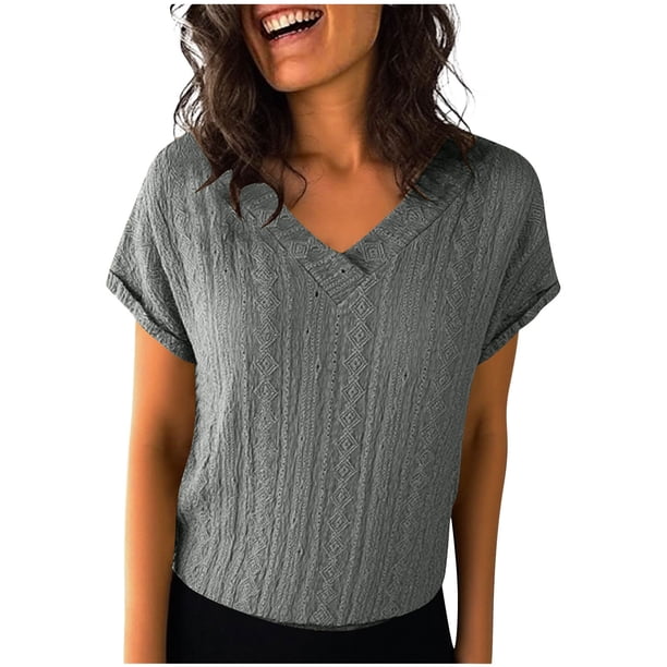 Mujeres Manga Larga Tops Moda Color Sólido Blusa de Lino con Botones Decorativos Y Rayas Cuello Redondo, Casual 3/4 Manga Tee para la Primavera Trajes Diarios