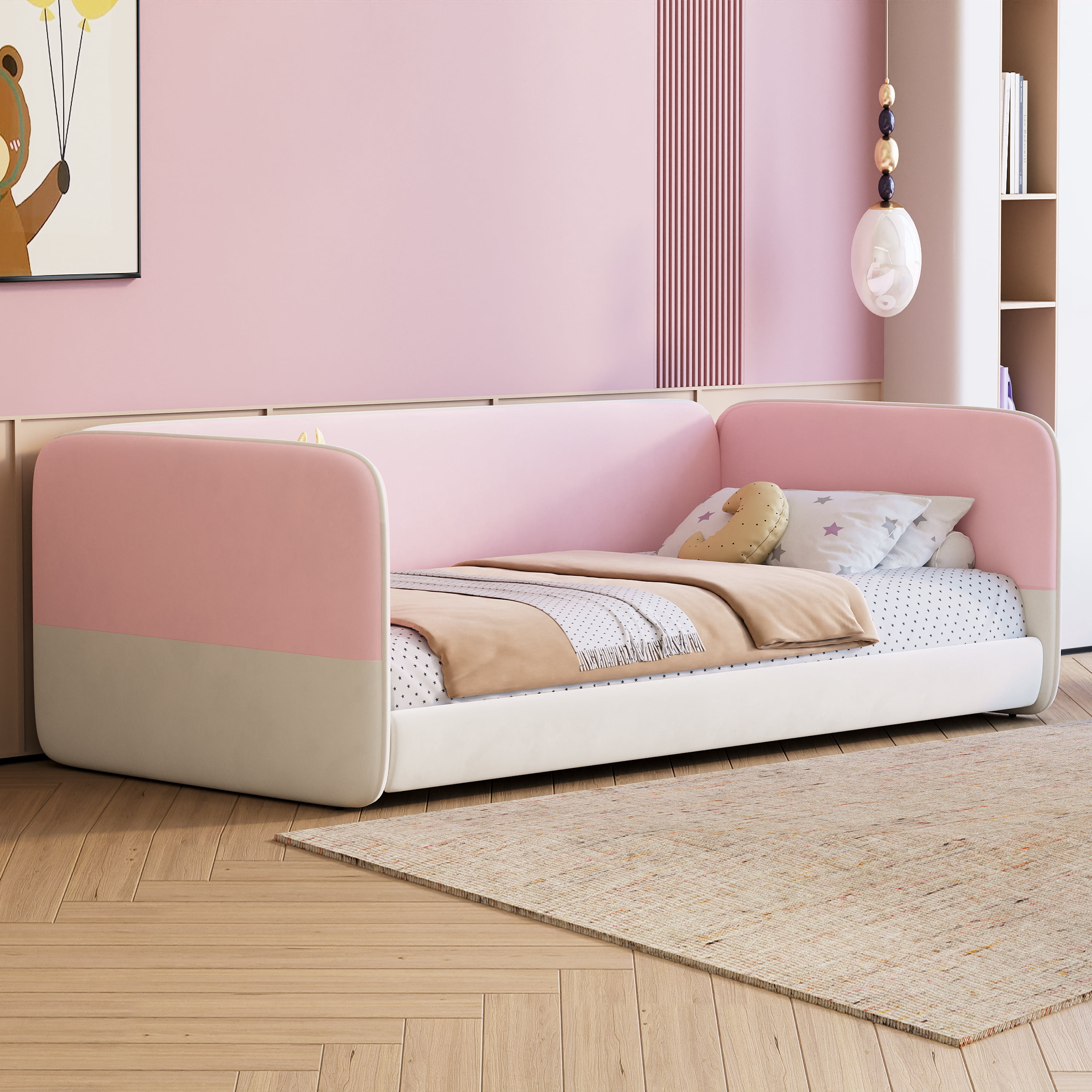 Mintazer Twin Size Beige Montessori Floor Bed with Velvet Upholstered Sides for Kids Toddler, Pink