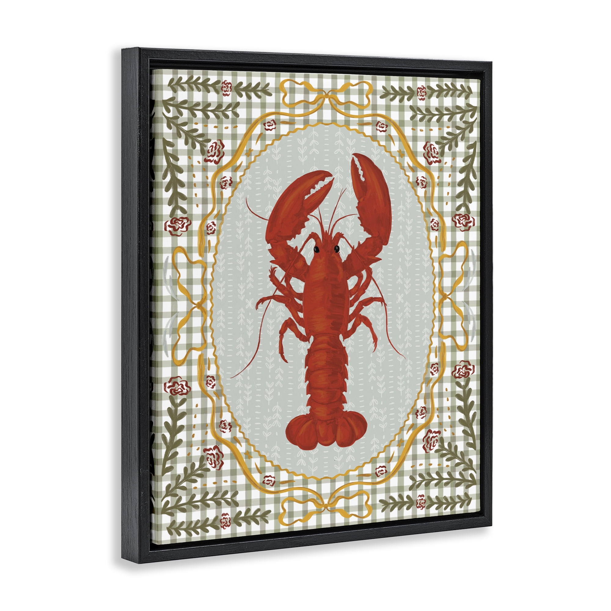 Stupell Industries Lobster with Gingham Kitchen Charm Black Framed Floater Canvas Wall Art, design by Vero Illustrates