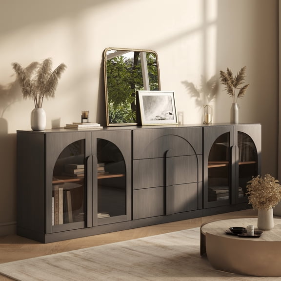 BELLEZE 3-Piece Modular Sideboard Cabinet Freely Configurable, Modern Wood Buffet Cabinet contain 2 Arched Cabinets and a 3-Drawer Storage, Media Console Credenza for Living Room Kitchen, Ebony