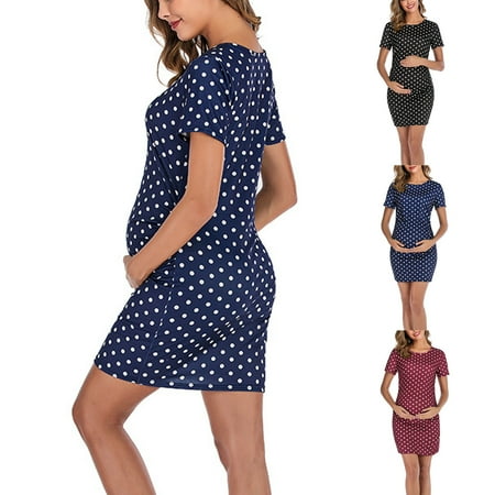 Loopsun Summer Dresses for Women Maternity Dress Women s Fashion Print Short Sleeve Round Neck Casual Maternity Pregnancy Dresses Red M
