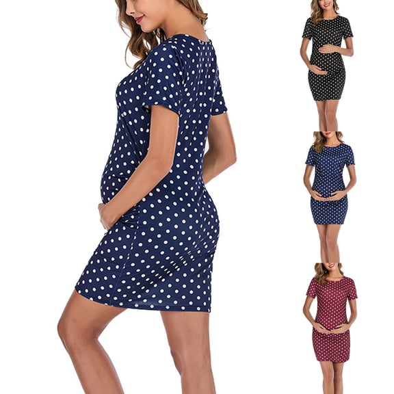 Loopsun Summer Dresses for Women, Maternity Dress, Women's Fashion Print Short Sleeve Round Neck Casual Maternity Pregnancy Dresses Blue, XL