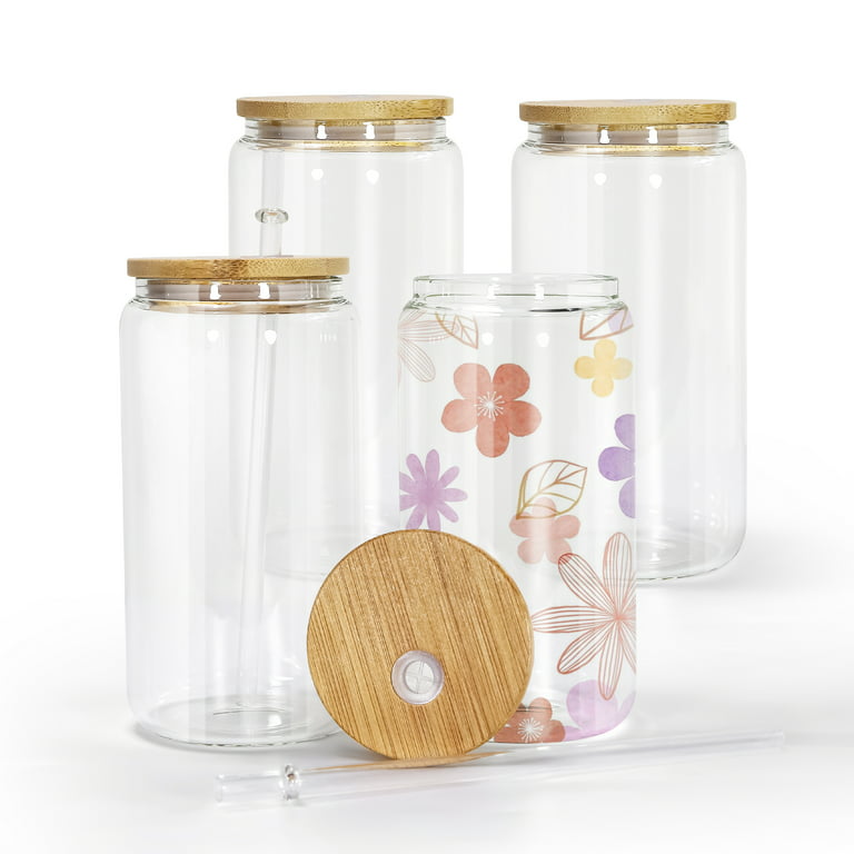4 Pack Sublimation Glass Cups with Bamboo Lid Clear Glass Beer Cans Mason  Jar