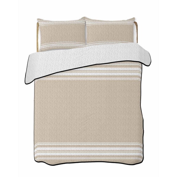 Beige Striped Summer Quilt Set Twin Size,Soft Quilted Bedding Set with 2 Pillow Shams,Farmhouse Luxurious White Stripes Modern Abstract Art All Season Bedspread Coverlet for Bedroom 68"x86"