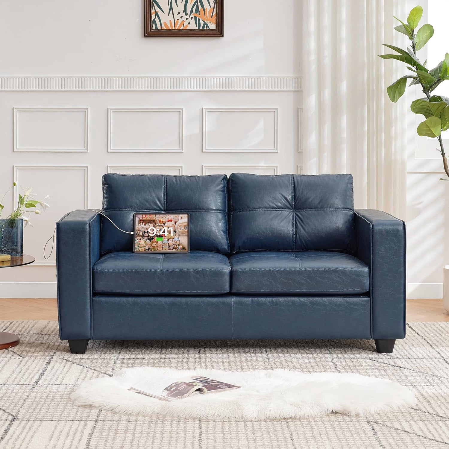 LAZZO 65" Loveseat Sofa with USB Charging Ports, 2-Seat Faux Leather Couch for Living Room & Office, Blue