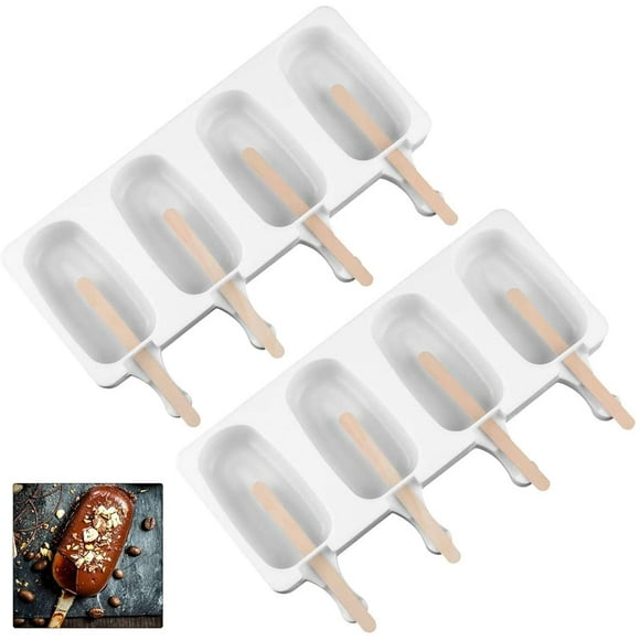 2 Pack Ice Cream Mould Popsicle Mold with 100 Wooden Sticks, Silicone Easy Cream Ice Pop Molds Cakesicle Mold Homemade Popsicle with Wooden Sticks for DIY Ice Cream, 4-Cavity