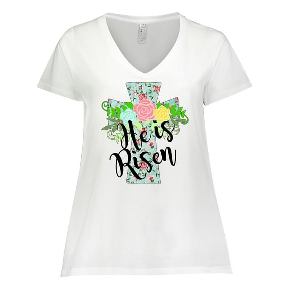 Inktastic He is Risen Floral Print Cross with Beautiful Flowers Women's Plus Size V-Neck T-Shirt