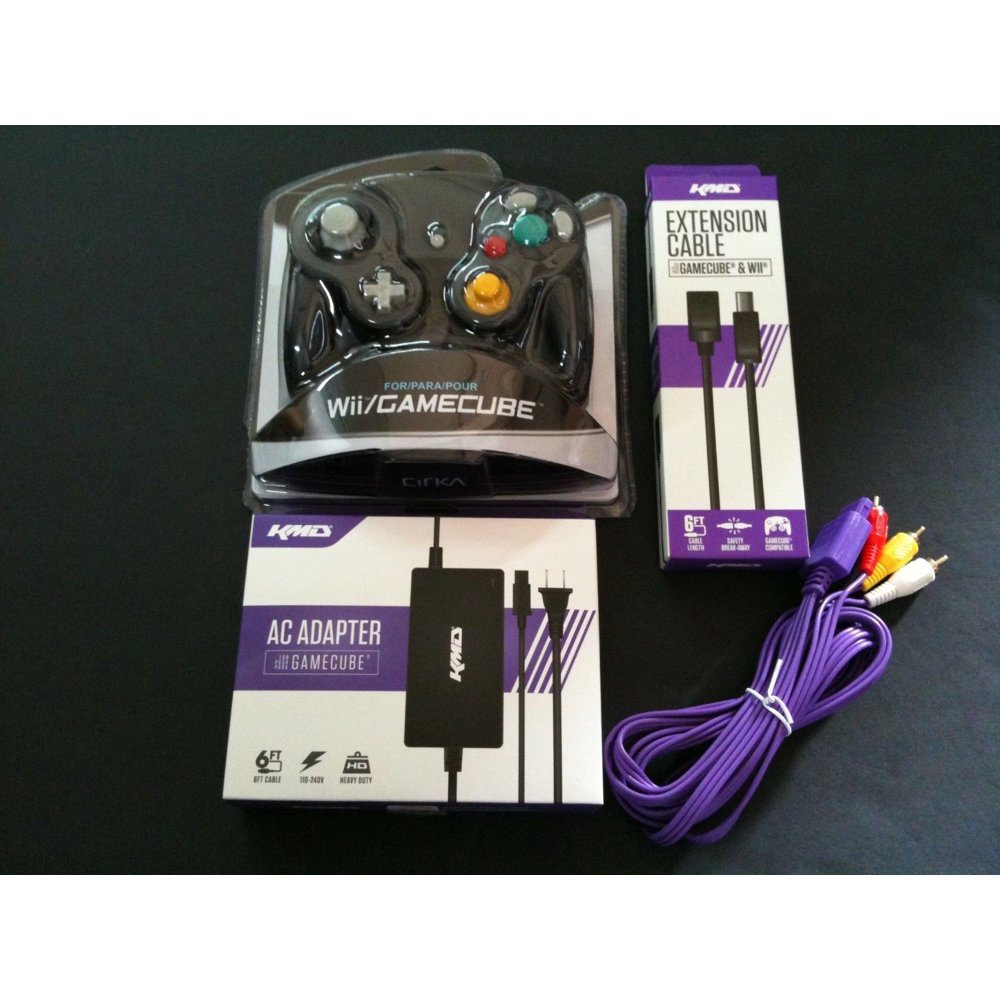 BLACK GAMECUBE CONTROLLER + AC ADAPTER + 10 ft A/V CABLE + EXTENSION CABLE