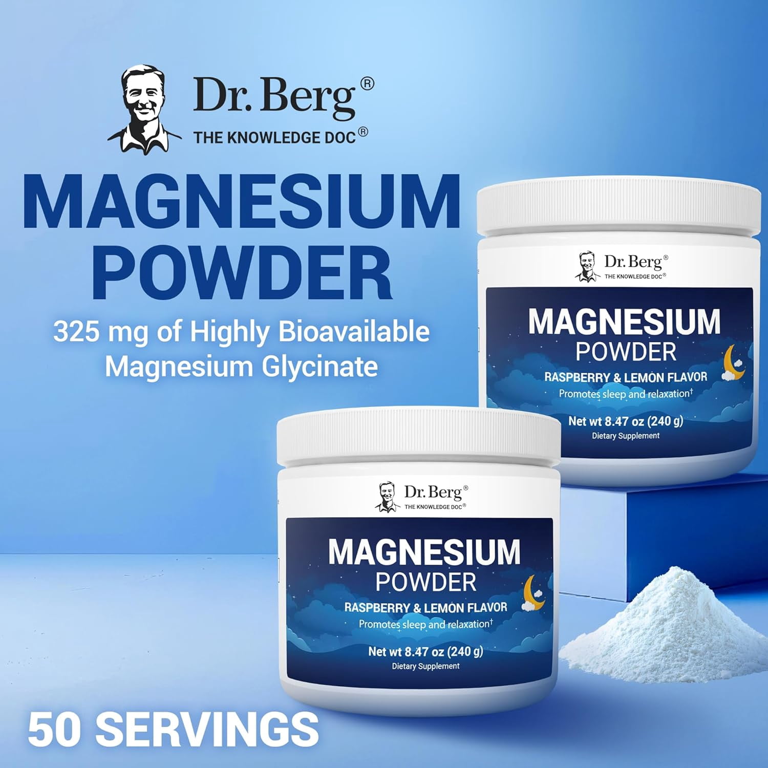 Dr. Berg Magnesium Glycinate Powder - Stress Relief, Mood & Sleep Support with Vitamin D, B6 & Zinc, 50 servings