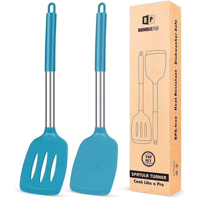Bundlepro Pack of 2 Silicone Spatulas Turners, Non Stick Slotted and Solid Kitchen Utensils