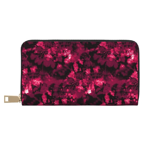 Leather Thin Slim Wallets for Women Men - Burgundy Tie Dye Clutch Card Wallet for Women Men with Zipper