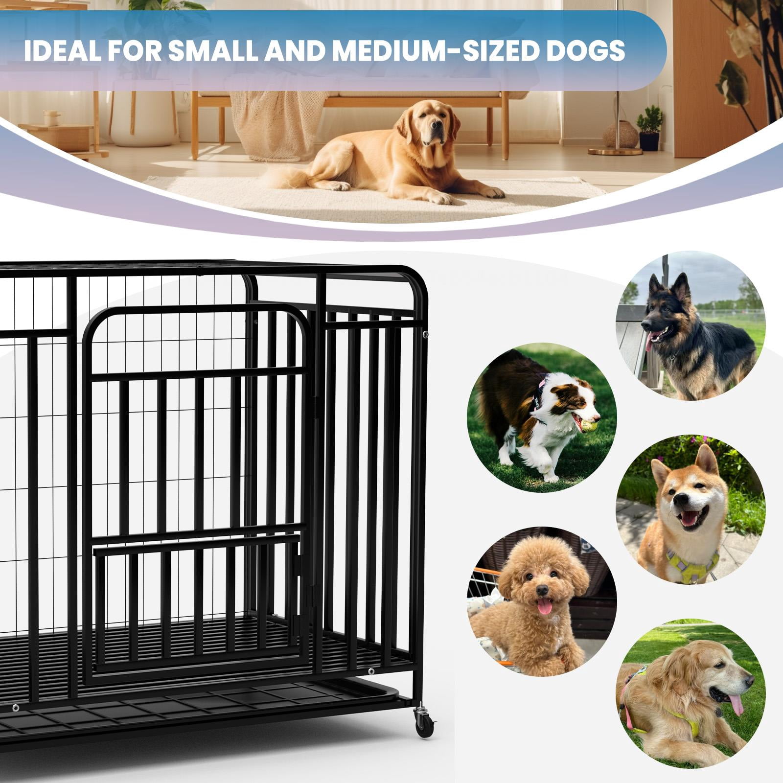 Mobile Pet Dog Cage, Black Sturdy Metal 38-inch Kennel, Reinforced Frame Design with Movable Wheels for Large Dogs Indoor Outdoor Camping
