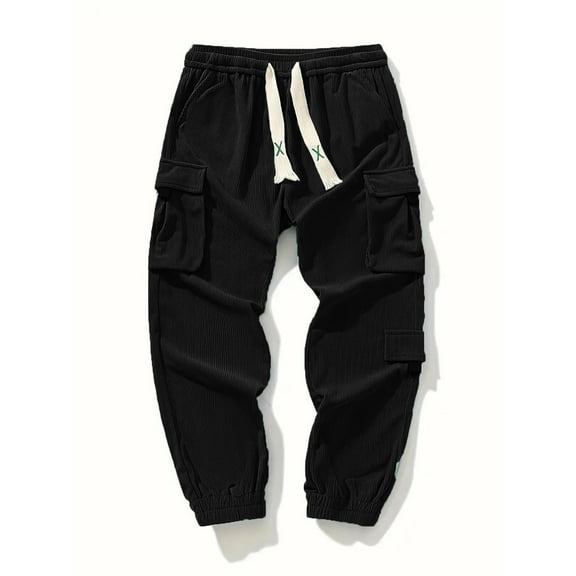 Xzbqbs Mens Corduroy Cargo Pants Elastic Waist Tapered Straight Work Pants Drawstring Lightweight Classic Fit Jogger Cuffed Pants