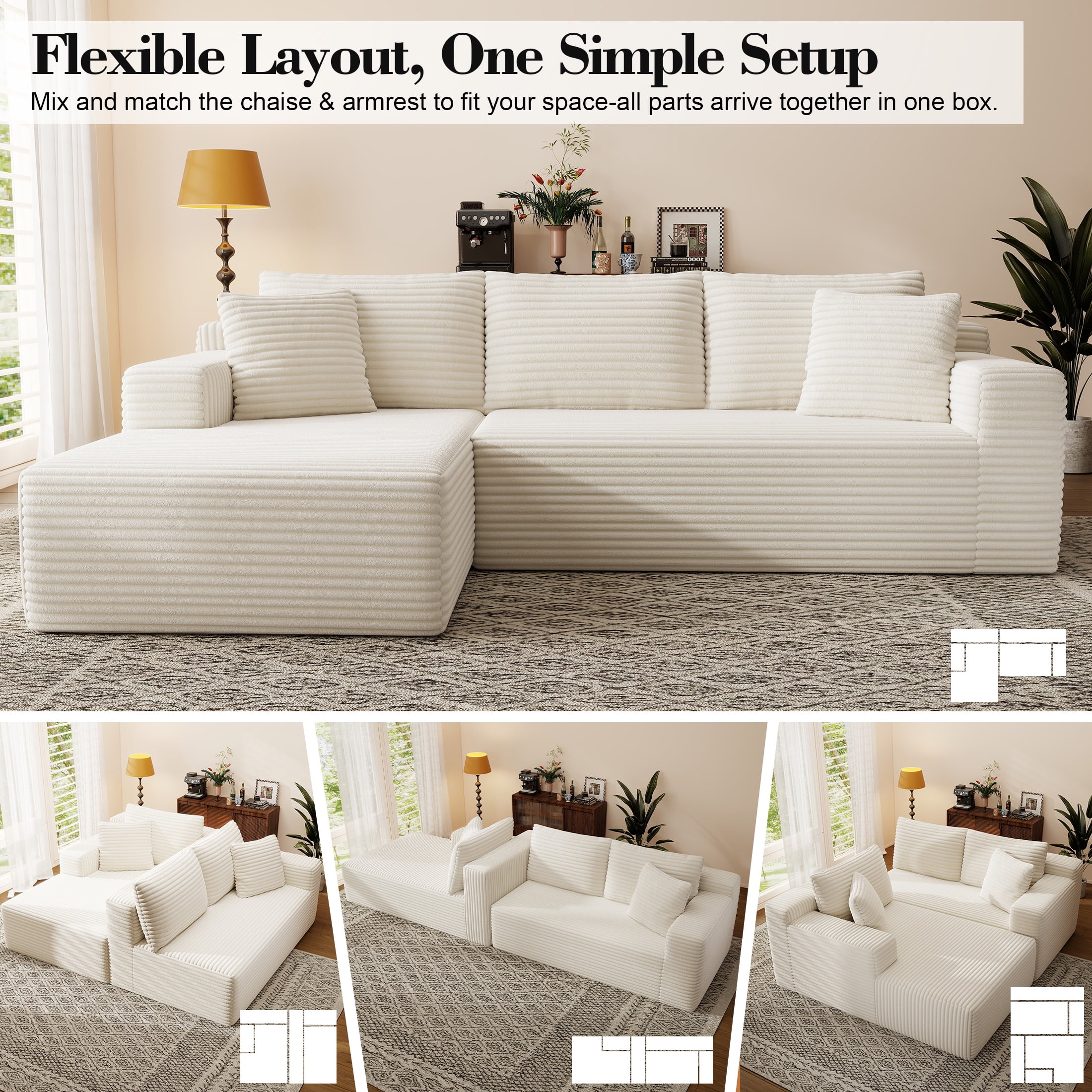 AENKYO Modular Sectional Couch with L-Shape Chaise — Modern Living Room Sofa, White, Left-Facing, No Assembly