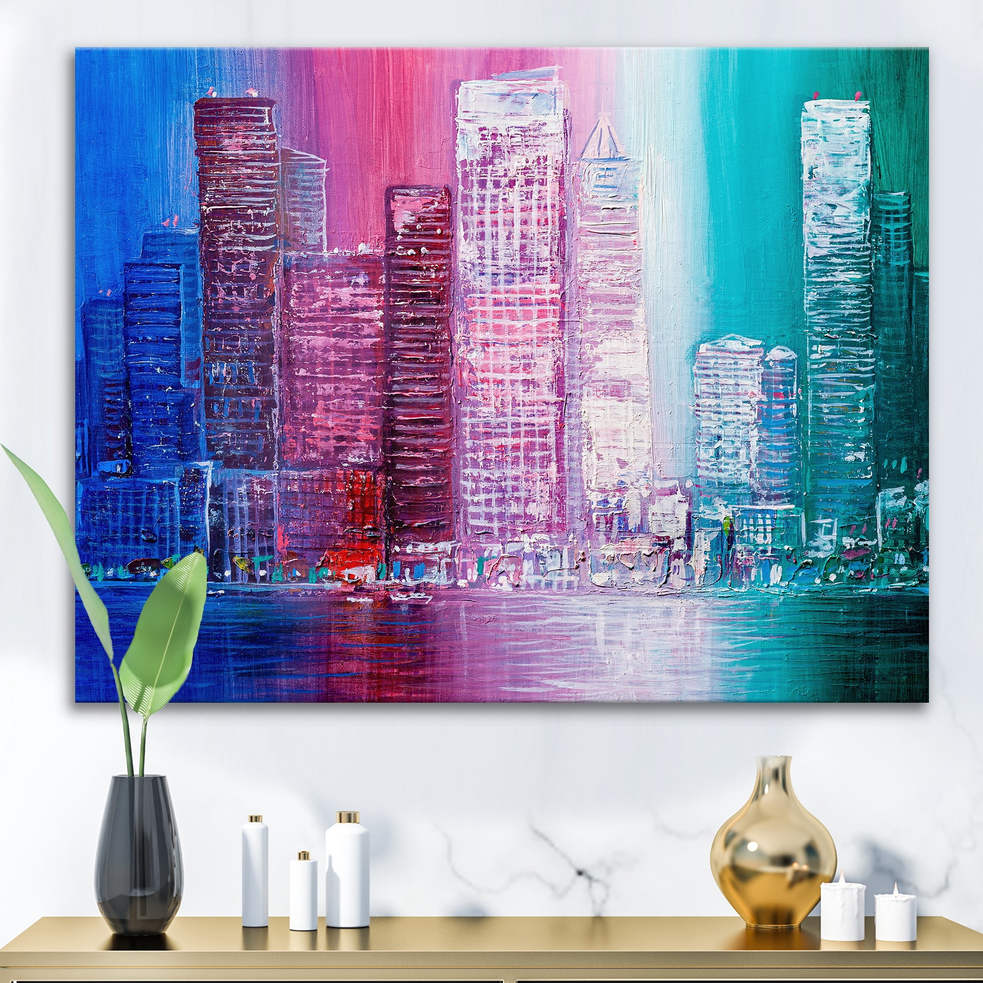 Designart ' Abstract Style Cityscape Panorama Skyscrapers II ' Modern Canvas Wall Art Print