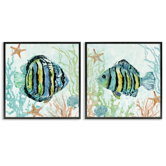 Stupell Industries Aquatic Striped Fish Animals Painting Black Framed Art Print Wall Art, 12 x 12, Set of 2