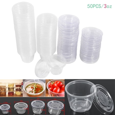 Dilwe 50Pcs Disposable Sauce Cups Plastic Chutney Cup 4 Sizes Plastic Clear Sauce Chutney Cups Boxes with Lid Food Takeaway Hot