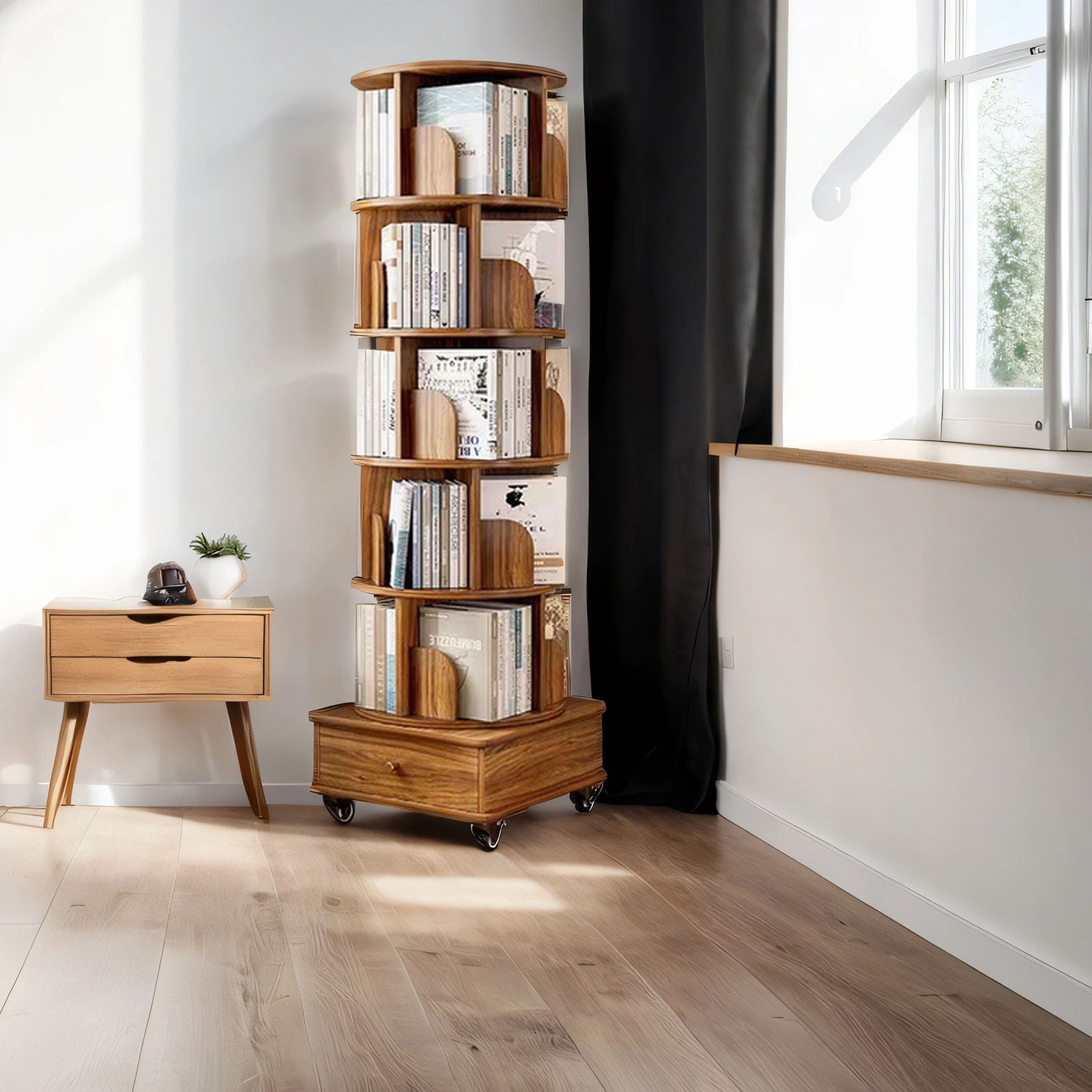 Rotating Bookshelf, 360° Display Round Rolling Bookshelf with Wheels and Drawer, Space-Saving, Small Space Rotating Bookshelf Tower for Bedroom, Living Room, Home, Office, Rustic Brown