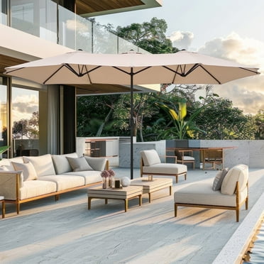 15FT Patio Umbrella Outdoor Double-Sided Rectangle Market Umbrella with Fade Resistant Canopy &Crank Handle, Patio Table Umbrella with 12 Ribs for Garden, Deck, Backyard, Pool, Beige