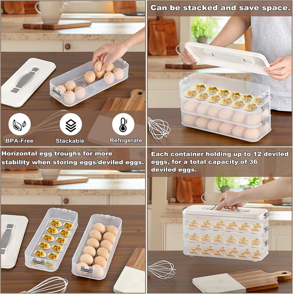 Heyingu 1Pcs Deviled Egg Containers with Lid 2 Layer Egg Carrier Box Dispenser Container with Handle for Refrigerator Pantry Travel(12.2 x 4.92 Inch)