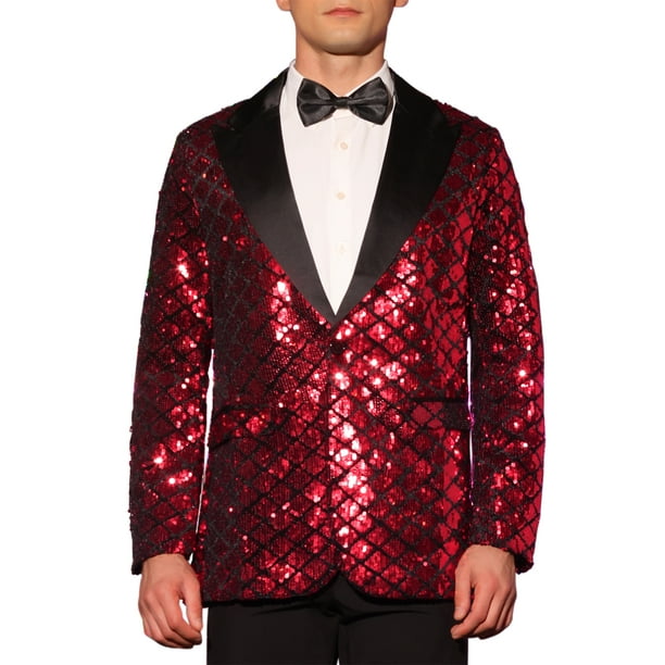 BLAZERS DE HOMBRE INSPIRE CHIC Con Solapa Pico, Un Botón, Brillante, Argyle, Lentejuelas, Rojo