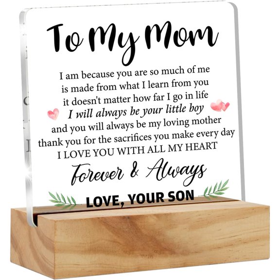Mother Gift Thank You Mom Gifts From Son, to My Mom Love You Desk Decor Floral Acrylic Desk Plaque Sign with Wood Stand Home Office Desk Sign Keepsake Present