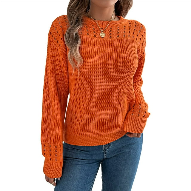 Suéter de Crochet Calado para Mujer, Jersey de Punto de Larga con Cuello Redondo, Camisa Informal de Otoño e Invierno. Color Naranja XL