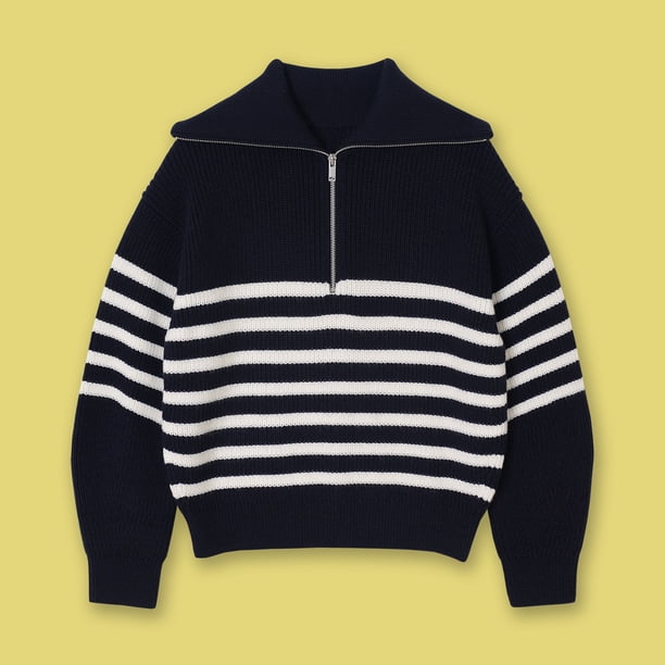 Suéter de mujer con media cremallera y cuello a rayas, jersey de manga larga, jersey informal para mujer