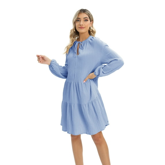 Monfince Women's V Neck Long Sleeve Shirt Dress A-line Swing Casual Summer Dress for Cocktail Wedding Party, Blue, US 14