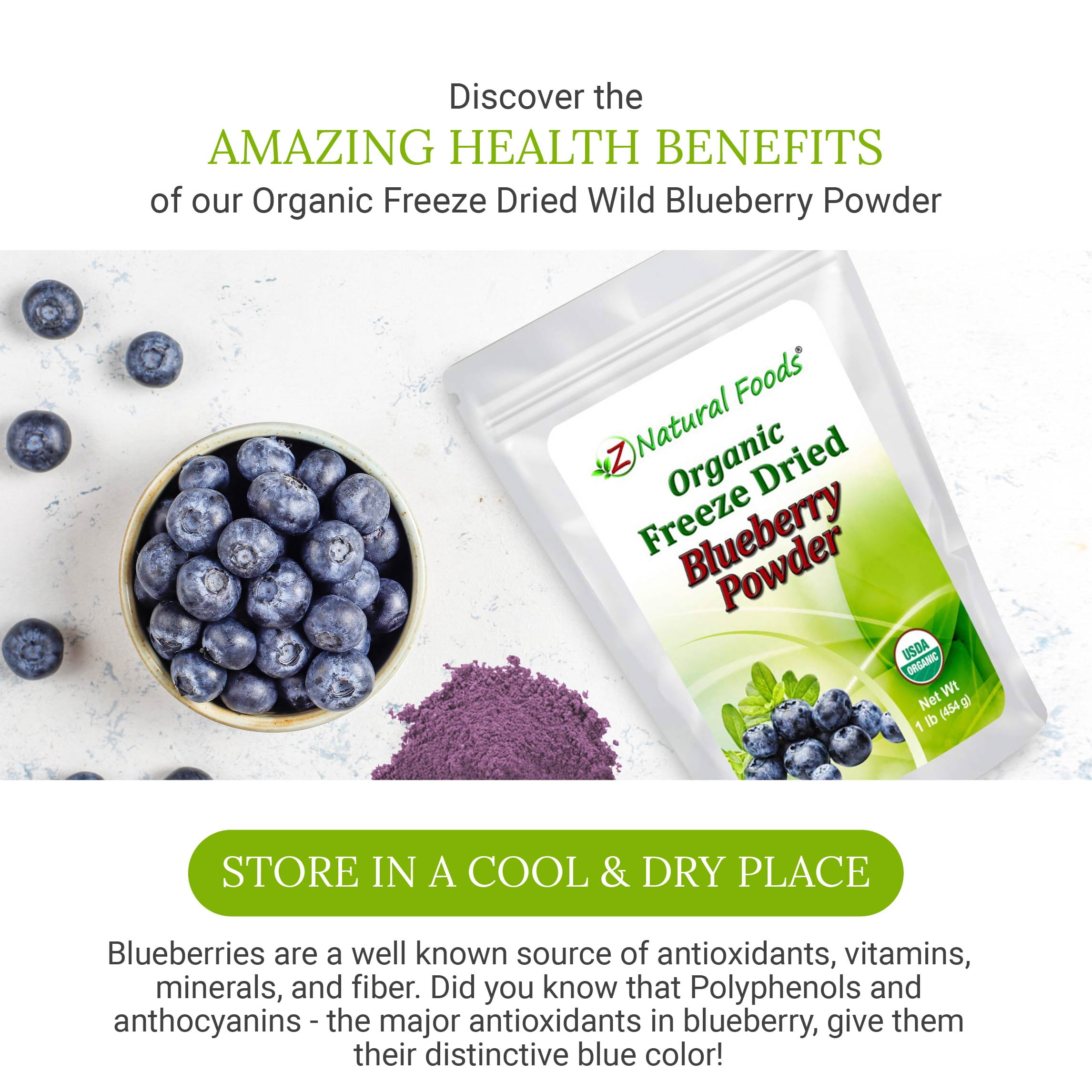 Z Natural Foods Organic Blueberry Powder, Freeze Dried Superfood Powder, 1 lb