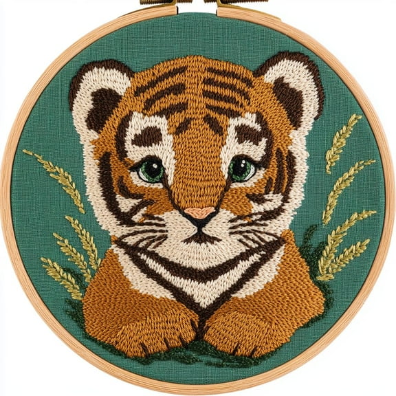 DIY Punch Needle Kits for Beginners Cartoon Tiger with Hoop Embroidery Punch Needle Starter Craft Set Easy for Adults and Children Festival Gift and Decoration 20x20cm-1